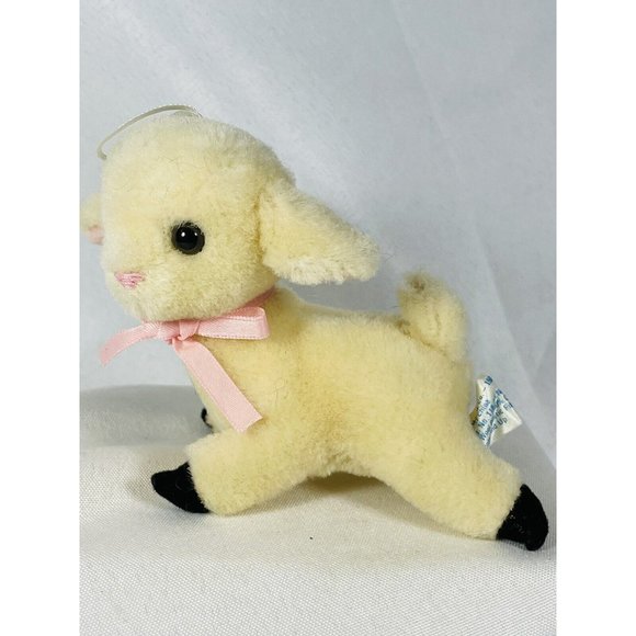 R Dakin Wool Pile Lamb 3.5” Mini Plush Ornament Sheep With Pink Bow Vintage - Picture 2 of 10